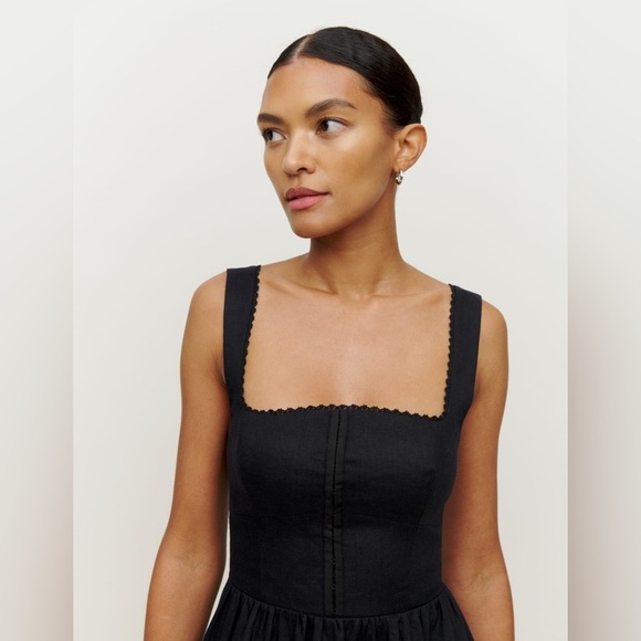 NEW Reformation Tagliatelle Linen Black Midi  Dress Lace Detail | size 2 - Picture 4 of 14